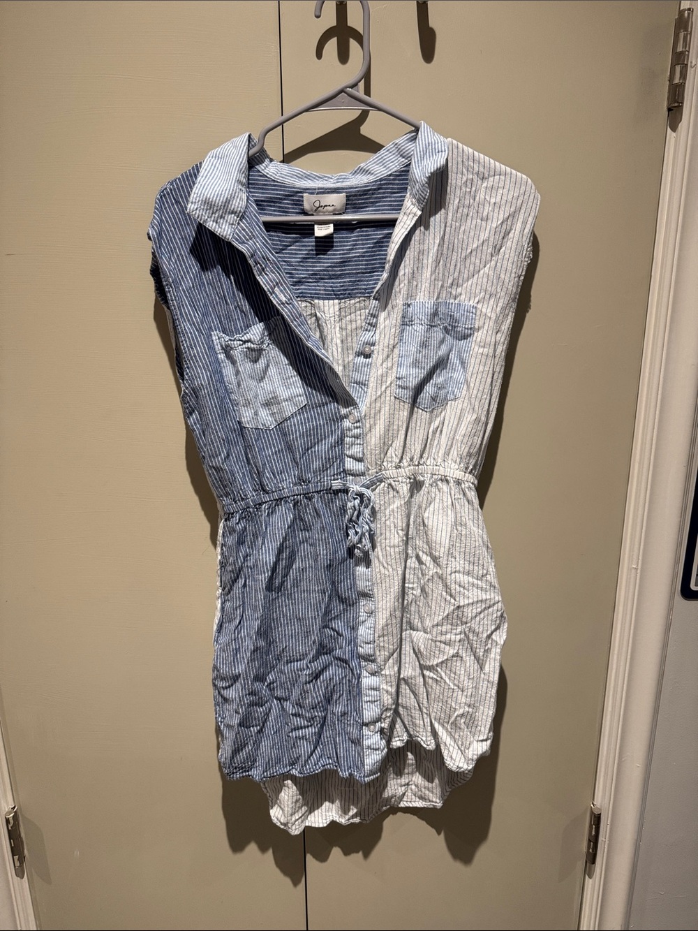 Striped Sleeveless Shirt Tunic with Drawstring - Blue & White- Japna